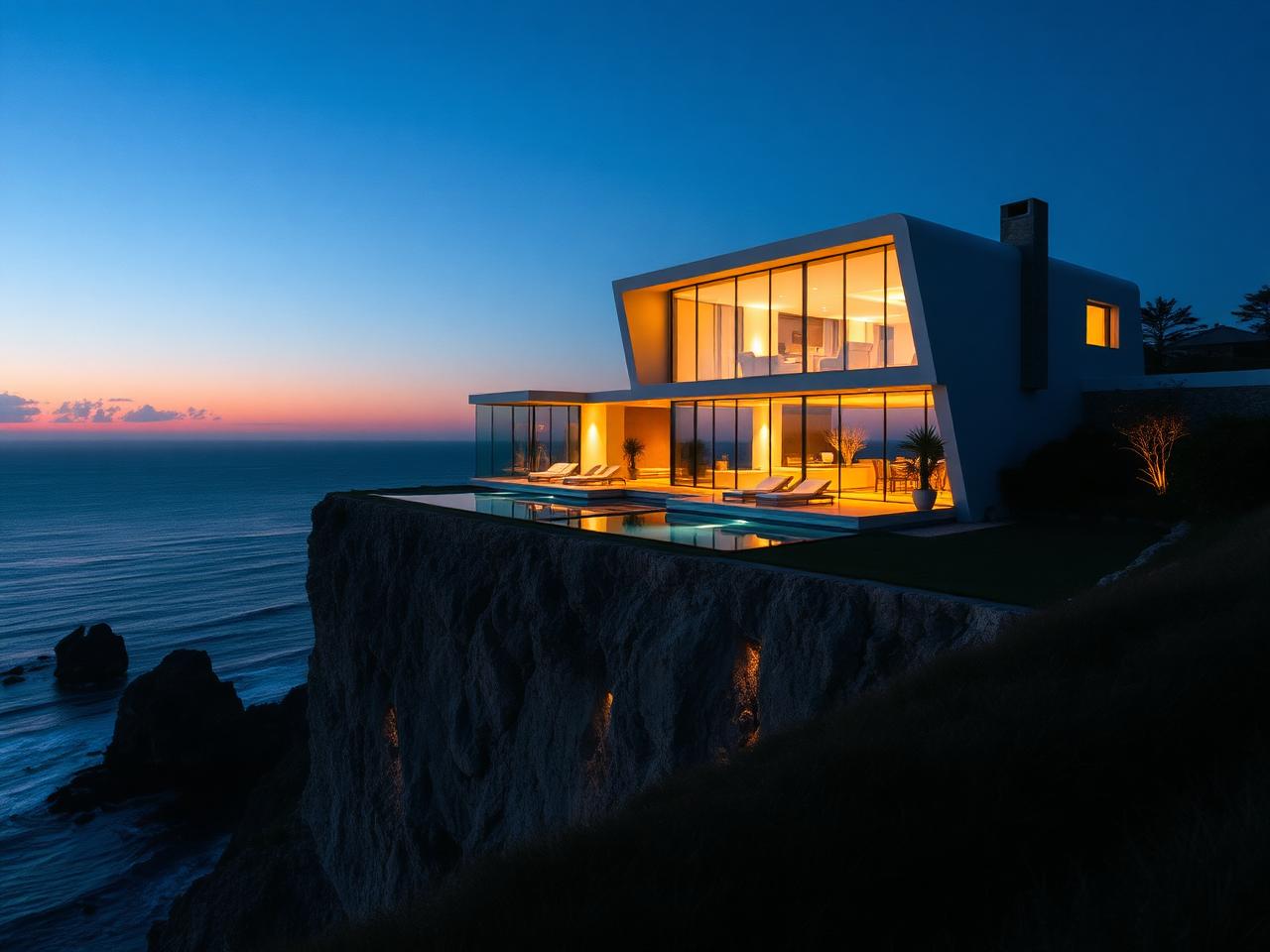 Villa contemporaine en verre surplombant l'océan au crépuscule